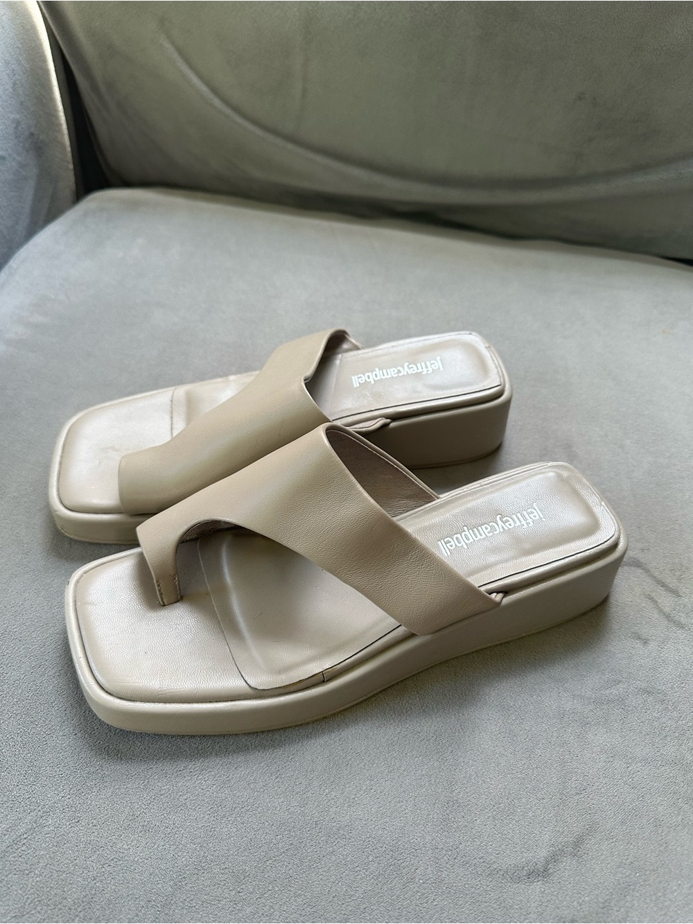 Jeffrey Campbell Beige Cream Square-Toe Platform Thong Mules